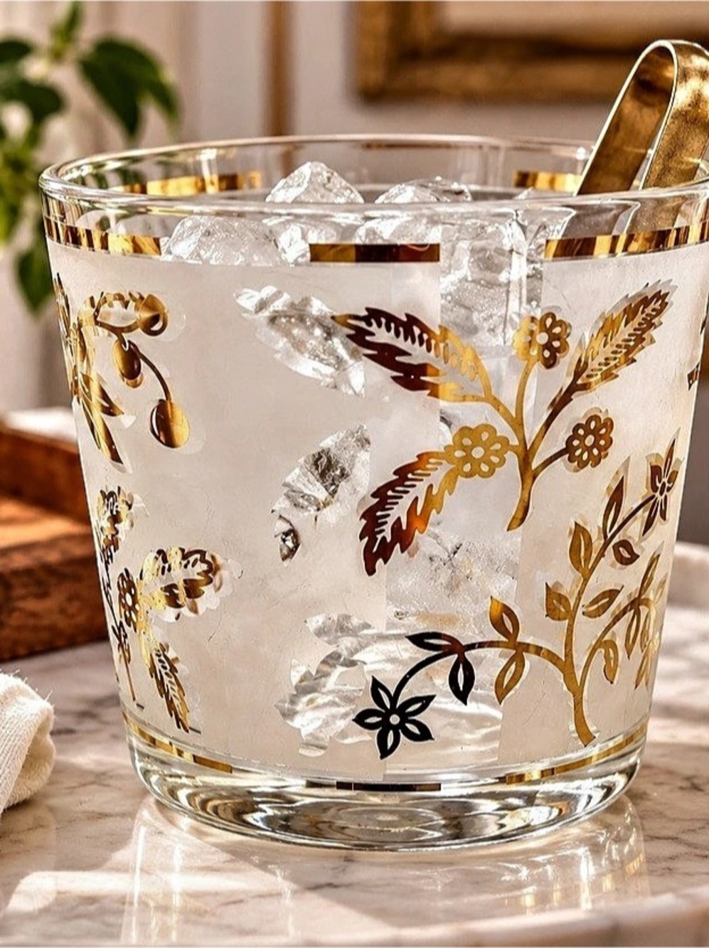 Vintage Frosted & Gold Botanical Glass Ice Bucket